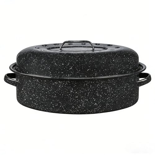 18 Inch Oval Roasting Pan with Lid, 15 lb Capacity Oven Roaster Pan with Lid for Turkey and Large Meals, Black Speckled Finish for Even Heating and Easy Serving