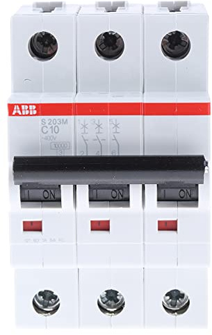 ABB S203M-C10 Miniature Circuit Breaker, 3 Pole, Type C, 10kA/15kA Breaking Capacity, 10 Amp Current (2CDS273001R0104)