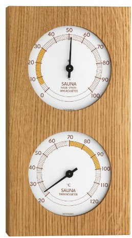 TFA Dostmann Analoges Sauna-Thermo-Hygrometer, mit Eichenrahmen, Temperatur, Luftfeuchtigkeit, hitzebeständig,L 130 x B 40 x H 242 mm