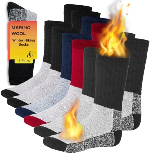 Debra Weitzner 6 Pairs Merino Wool Thermal Socks Men and Women Warm Cushioned Hiking Crew Socks for Hunting Winter Etc Long Survival Boot Socks Moisture Wicking Assorted 9-11