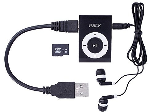 Mini Reproductor MP3 Negro con Enganche de Clip + Tarjeta de 4Gb + Cable de Carga + Auricular, Music Player