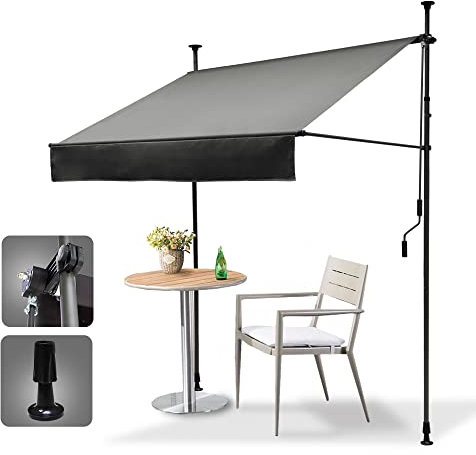 HOMEDEMO Store de balcon à serrage (150 cm x 125 cm) gris avec manivelle, store de balcon sans perçage, protection solaire et imperméable, résistant aux UV et réglable en hauteur