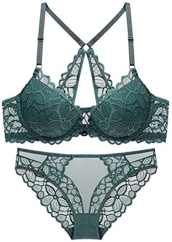 ZESLIV Reggiseno da donna con chiusura frontale con panty, reggiseno push up con ferretto, da donna, in pizzo, verde, 75C (BH) + M (Panty)
