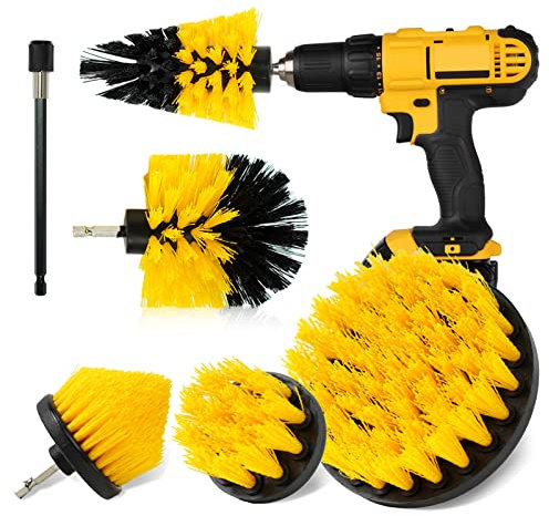 6 Stück Bürstenaufsatz Bohrmaschine Set, Leistungsstarke Bohrbürste Reinigungsbürste Akkuschrauber Drill Brush Felgenbürste Scrubber Reinigung Bürste Kit für Felgen Badewanne Fliesen Auto Küche, Gelb