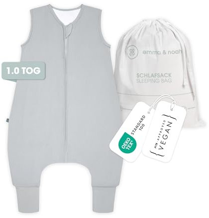 emma & noah Baby Schlafsack mit Füßen 1.0 TOG, Ganzjahres Schlafsack mit Beinen für den Frühling, Sommer und Herbst, 100% Bio-Baumwolle, Oeko-TEX Zertifiziert (Essential Grau, 70 cm)