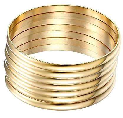 Forleiton Juego de 7 pulseras de acero inoxidable chapadas en oro de 18 quilates, joyería de moda para mujer, Acero inoxidable