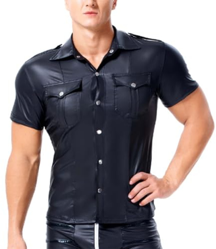 OLIns Mens PU Faux Leather Blouse Shirts Pocket Button Party Clubwear Black Top(Black,S)