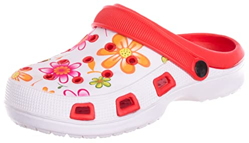 Brandsseller Zoccoli da Giardino Donna Taglia 36 – Mules Leggeri e Traspiranti con Motivo Floreale – Ideali Come Ciabatte o Pantofole da Esterno – Rosso
