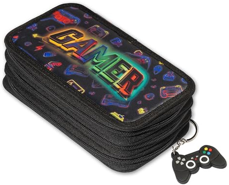 Ferocity Mäppchen Federtasche 3 Fach Federmäppchen Schüleretui Schlamperbox Stiftemappe mit 3 Reißverschluss-Fächern Spieler Gamer [150]