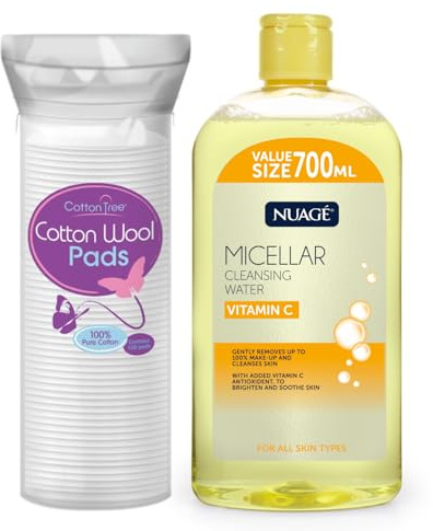 Cotton Tree 100% Pure Cotton, Round Cotton Wool Pads, 80 Count with 700ml Nuage Micellar Water with Vitamin C