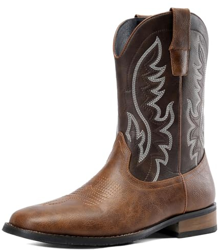 Kitulandy Bottes de cowboy pour homme style western rétro élégant brodé bout carré bottes à talon épais, marron, 42 EU