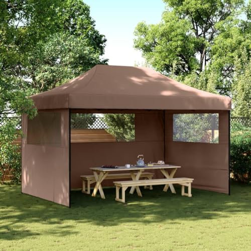 Homgoday Pop-Up Folding Party Tent with 3 Side Walls Brown Folding Gazebo Tent Garden Gazebo Gazebo Garden Pavilion for Camping, Parties, Weddings, Outdoor, Beach Pergola
