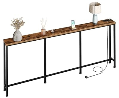 CHOEZON 200cm Konsolentisch, Flurtisch mit Ladestation, schmaler Sofatisch mit 2 Steckdosen und 2 USB, Beistelltisch, für Wohnzimmer, Eingangsbereich, Rustikales Braun und Schwarz DTXG20CBF