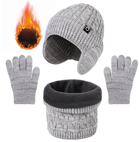 TAGVO 3 en 1 Ensemble Bonnet-Echarpe-Gants Enfant Hiver, Ensemble Chapeau Hiver Bonnet Écharpe Gant Tricot Doublure Doublé Polaire avec protège-oreilles Épaisse pour Fille et Garçon 4-10Ans