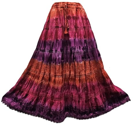 Doorwaytofashion Tie Dye Cotton Maxi Skirt Embroidered One Size UK 10 12 14 16 18 Orange/Purple