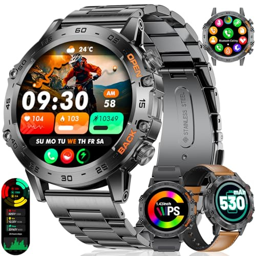 LIGE FV10 Smartwatch män militär 530 mAh batteri, 1,45 tum HD-display träningsklocka med telefonfunktion, 100+ träningslägen, 24/7 puls/sömnövervakning/3 ATM vattentät för Android iOS, svart