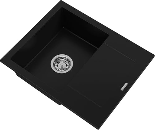 GRANITAN BELLO Sink with Siphon and Waterproofing, Kitchen Coil Set, Modern Granite Sink, 47 x 57 cm, Sink for Kitchen with Chrome Siphon, Black