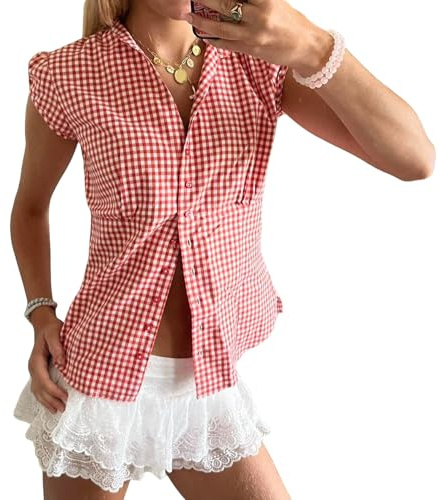 Women Short Cap Sleeve Gingham Shirt Summer Casual Button Down Plaid Top Y2K Blouse Streetwear (Red, L)