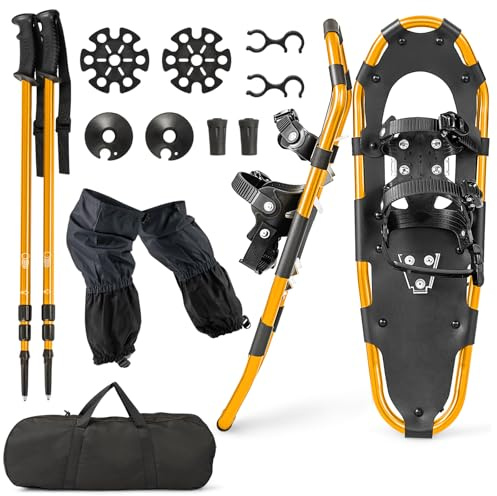 COSTWAY 4-i-1 snösko-set, skostorlek 38–45, snöskor med dubbla spärrbindningssystem, aluminiumram, vandringsstavar & bärväska, damasker, för män, kvinnor (63 cm, guld)