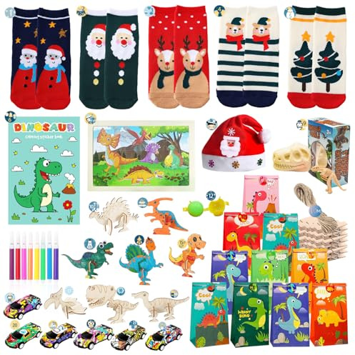 Calendrier de L'avent Garçon,Pochette Calendrier de L'avent,Chaussettes de Noël,Chapeau de Noël,Puzzle,Kit de Bricolage en Bois de Dinosaure,Dinosaure Kit de Fouille pour Enfants,Jouet Enfant Garcon