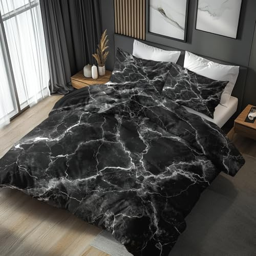 Generisch Bettwäsche 135x200 Marmor Schwarz Weiß, Weiche Bügelfreie Mikrofaser Bettbezug Set 2tlg, Abstrakt Muster Schlafzimmer Deko, 1 Kissenbezug 80x80, mit Reißverschluss ZSF98