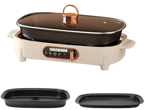 YIGECHENXIN Casserole électrique Multifonction avec poêle à Griller Amovible et Couvercle en Verre, poêle à Fondue 1200W, température réglable, adaptée pour Un Rassemblement de 3 à 5 Personnes
