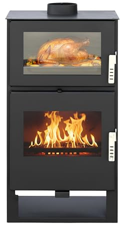 ALAZ K9M Kaminofen 9 kW – Schwarz | Holzofen mit Backfach & Schamott-Brennkammer | Dauerbrandofen für Scheitholz | Für Haus, Hütte & Ferienhaus