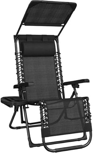 Yaheetech Sdraio da Spiaggia Pieghevole con Parasole, Cuscino Poggiatesta Removibile, Portabicchieri, Sdraio da Giardino con Schienale Regolabile, Spiaggia, Lettino da Sole (1, Nero)
