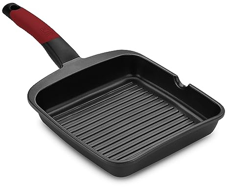 BRA Premiere | Grill con rayas 22 cm, Aluminio Fundido, Tricapa con Revestimiento Antiadherente reforzado sin PFOA, apto para todo tipo de Cocinas incluida Inducción, color Rojo