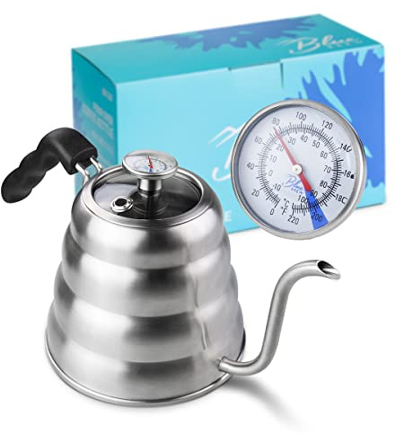 Blue Brew Gooseneck Kettle Stovetop, Tea Pot with Thermometer, 40oz Pour Over Coffee Maker for Coffee & Tea, Stainless Steel Coffee Kettle, Compatible with Electric Stove & Gas Stove (BB1201)