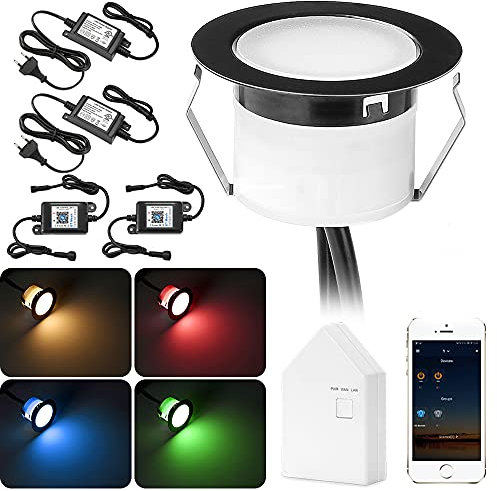 Lot de 40 spots encastrés LED WIFI RGBW, lampadaires encastrés LED, extérieur, Compatible avec Alexa, Smart Phone, 1W Ø45mm IP67 Kit complet de lampe LED de jardin pour terrasse étanche, noir