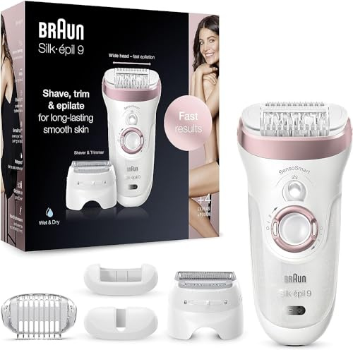 Braun Silk-épil 9 Epilierer Damen / Haarentferner für langanhaltende Haarentfernung, Rasier- und Trimmeraufsatz, Micro-Grip-Pinzetten-Technologie, Hochfrequenz-Massageaufsatz, 9-725, weiß/roségold