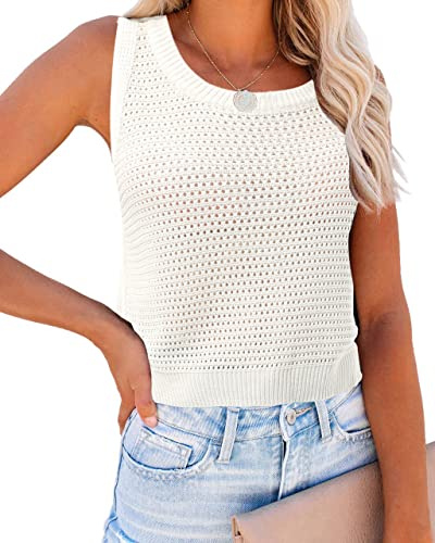 FISACE Womens Summer Knit Sweater Tank Tops Round Neck Crochet Hollow Out Sleeveless Casual Crop Shirt White