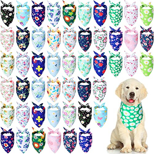 Silkfly 50 Pieces Spring Bandanas for Dog Bulk Adjustable Spring Triangle Scarf with Flower Floral Dog Bandanas Bibs Washable Pet Kerchief for Small Medium Large Pet Cat Costume Accessories Decoration