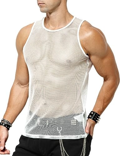 Casey Kevin Transparent Fisknät Ärmlös T-shirt för Män Sexig Kortärmad Skjorta Väst med Fisknät för Klubbfest