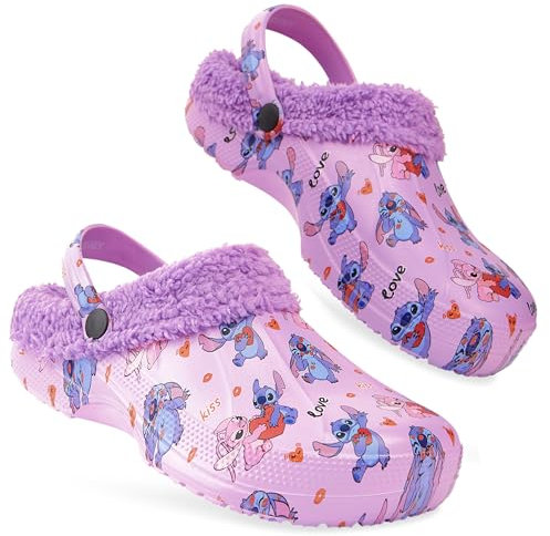 Disney Stitch Zuecos Invierno Mujer con Forro Polar Zapatos sin Cordones Zapatillas Casa Jardín con o sin Charms (Morado, 35/36 EU)