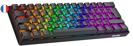 Geeky GK61 60% | Hot Swappable Mechanische Gaming-Tastatur | 62 Tasten Multi Color RGB LED Hintergrundbeleuchtung für PC/Mac Gamer| ISO FR AZERTY Französisches Layout (Schwarz, Mechanical Blue)