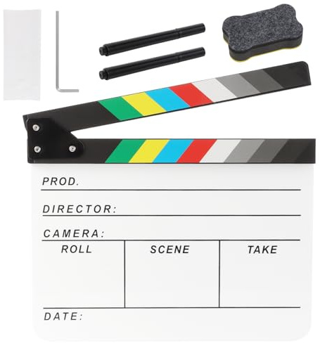 Ribvane Acrylic Movie Film Directors Clapboard, Photography Video TV Cut Action Scene Slate Clapper Board Props with a Magnetic Blackboard Eraser, Two Custom Pens, Cleaning Cloth and Hex Wrench, White