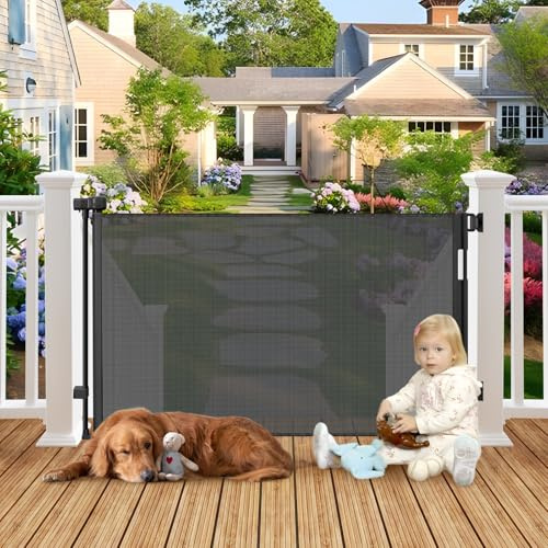 Weatherproof Outdoor Retractable Gate for Dogs with No Rust Stainless Steel Screws and Rods, 55 Wide Waterproof Retractable Baby Gates, Scratch-Resistant Mesh Safety Outdoor Pet Gate for Deck, Black