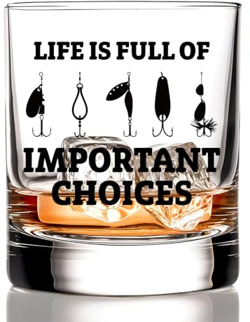 RZHV Life is Full of Important Choices Old Fashioned Whiskey Glass, Funny Birthday Anniversary Father Day Gifts for Men Husband Dad Uncle Grandpa Friends Coworkers Fishing Lover
