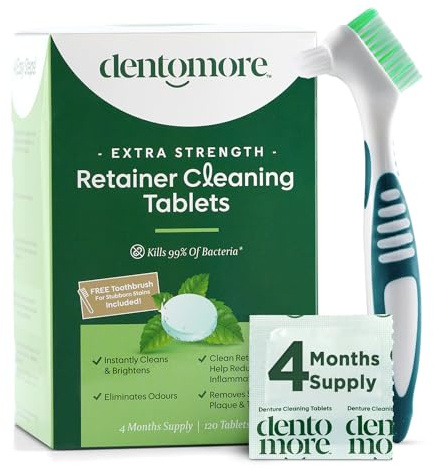 Dentomore Compresse detergenti per la pulizia del paradenti, 120 compresse per la pulizia eliminano odori, macchie, pastiglie per la pulizia del paradenti, potenti compresse per la pulizia della