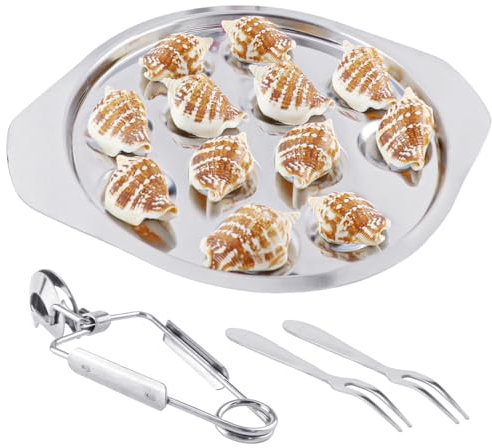 4Pcs Snail Escargot Plate 12 Holes Stainless Steel Snail Dishes with Tong and 2 Forks, Cooking Tool for Kitchen Restaurant, 8.6Inch