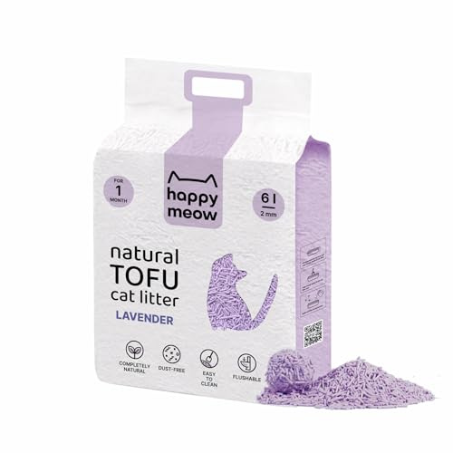 HAPPY MEOW Arena de Tofu para Gatos (6L / 2,5Kg) - Natural y Biodegradable - Aglomerante Instantáneo, Bajo en Polvo, Control de Olores Duradero, Ultra Absorbente, Desechable en el Inodoro (Lavanda)