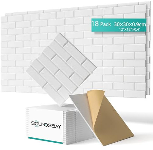 Soundsbay Lot de 18 panneaux acoustiques autocollants pour isolation phonique murale haute densité type brique pour traitement acoustique et décoration murale 30 x 30 x 0,9 cm (blanc)