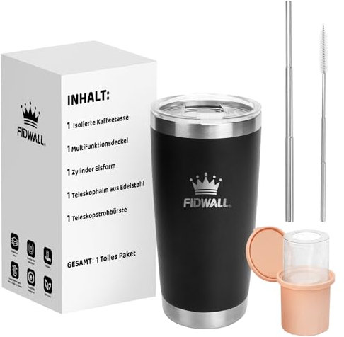 FIDWALL Gobelets de Voyage 20oz/590ml,Tasse à Café Isotherme avec Couvercle Étanche,avec Moules à Glace Ronds,Pailles Rétractables et Brosse Rétractable (Ombre noire)