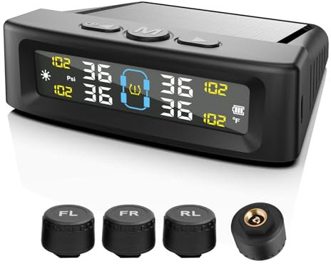 KAOLALI Tyre Pressure Monitoring System TPMS Solar Wireless Tyre Pressure Monitor with 4 External Sensors, Real-time Display Temperature Pressure 5 Bar Solar & USB Charging for Car SUV