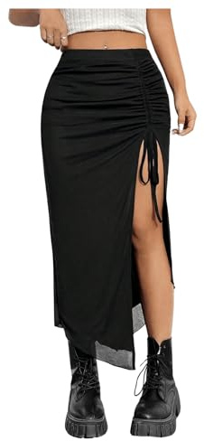 GORGLITTER Women's Drawstring Ruched Split Thigh Skirt Tie Side Sexy Y2K Bodycon Midi Skirt Black S