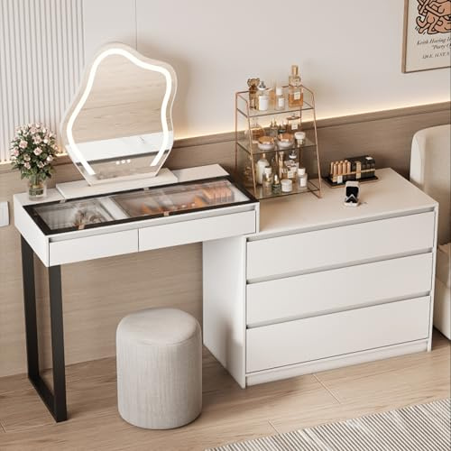 BROTTAR Vanity Dressing Tables with LED Mirror, Vanity Table Makeup Desk with Glass Top, Storage Cabinet, 5-Drawers Makeup Organiser, Modern L-Shaped Dresser for Bedroom