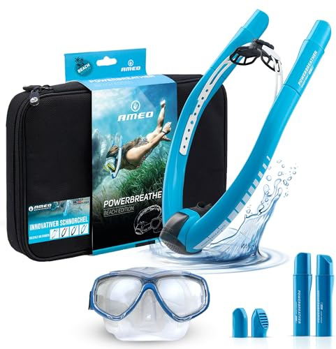 AMEO POWERBREATHER Beach Plus - Snorkel de Aire Fresco - Dispositivo de Entrenamiento para Piscina y Aguas Abiertas - Set de Snorkel con Sistema de válvulas Inteligente y respiración 100% Seca.