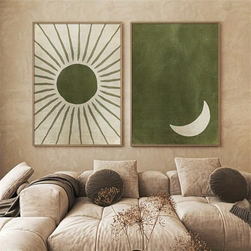 Uixxducc 2er Ästhetik Poster Set, Grüner Sonne und Mond Wandbilder Wohnzimmer, Boho Bilder Deko Wanddeko ür Flur Wohnzimmer Schlafzimme ohne Rahmen (50x70cm)